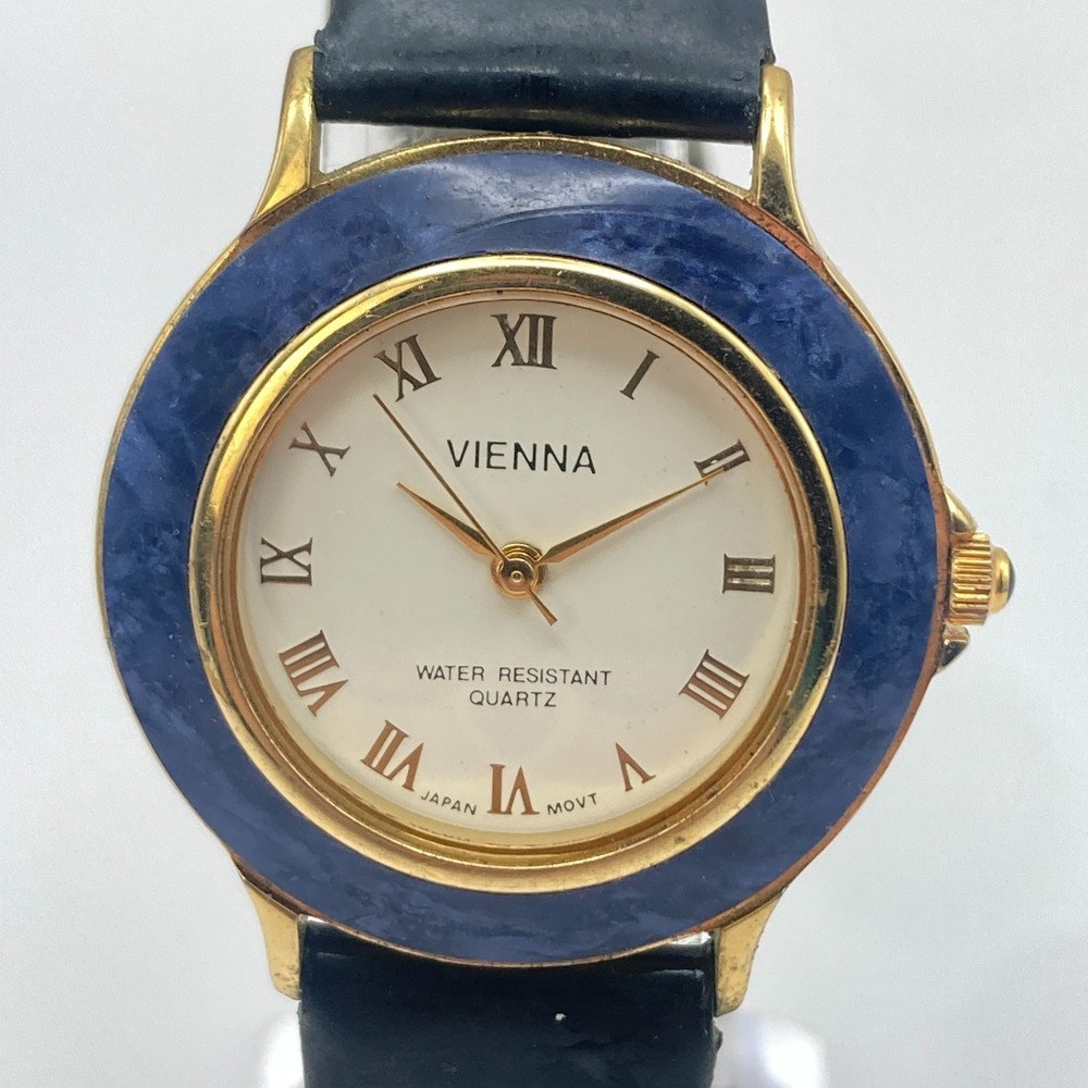 Vintage Vienna Womens Watch Gold Tone Blue Gemstone Bezel 32mm New Battery 8.25"